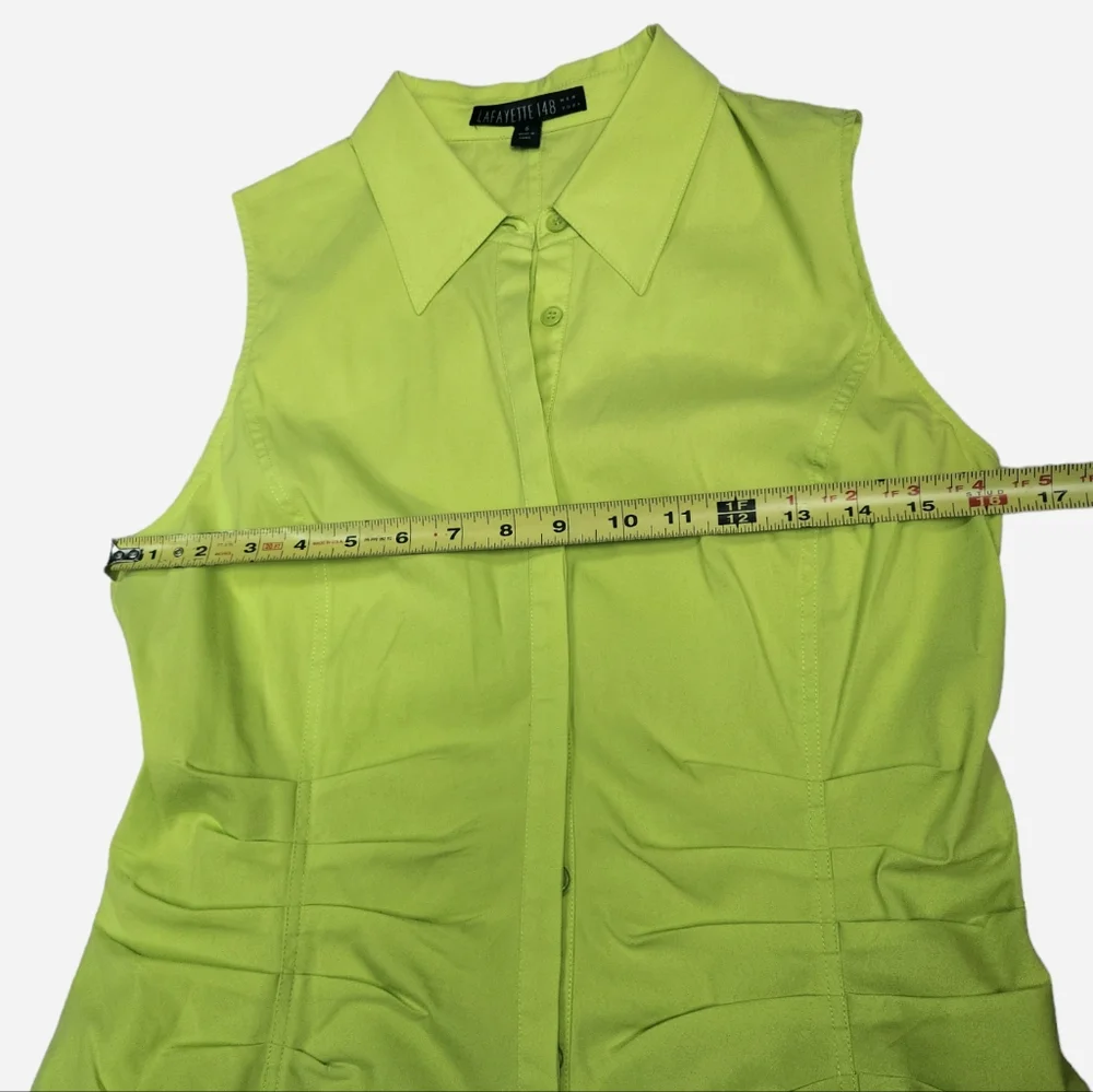 Lafayette 148 Blouse Top Sz 6 Georgina Sleeveless Button Up Ruched Neon Green - Picture 6 of 8